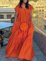 Pleated Pockets Solid Color Split-Joint Loose Short Sleeves V-neck Maxi Dresses