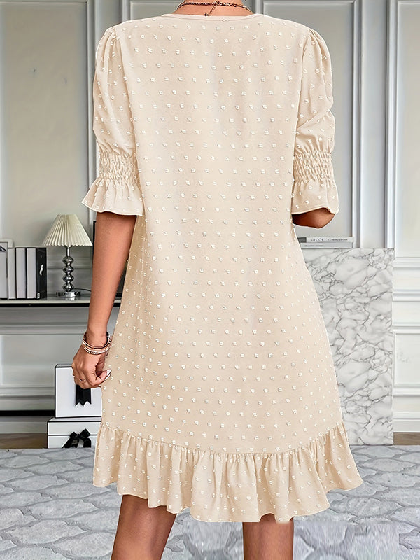 Elasticity Jacquard Pleated Solid Color Split-Joint A-Line Flared Sleeves V-Neck Mini Dresses