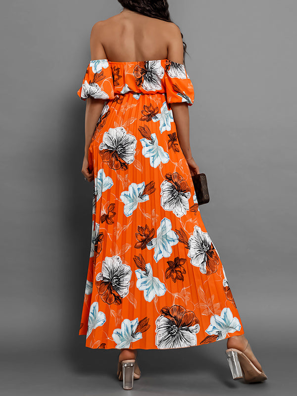 Elasticity Flower Print Pleated Split-Joint Tied Waist A-Line Loose Off-The-Shoulder Maxi Dresses