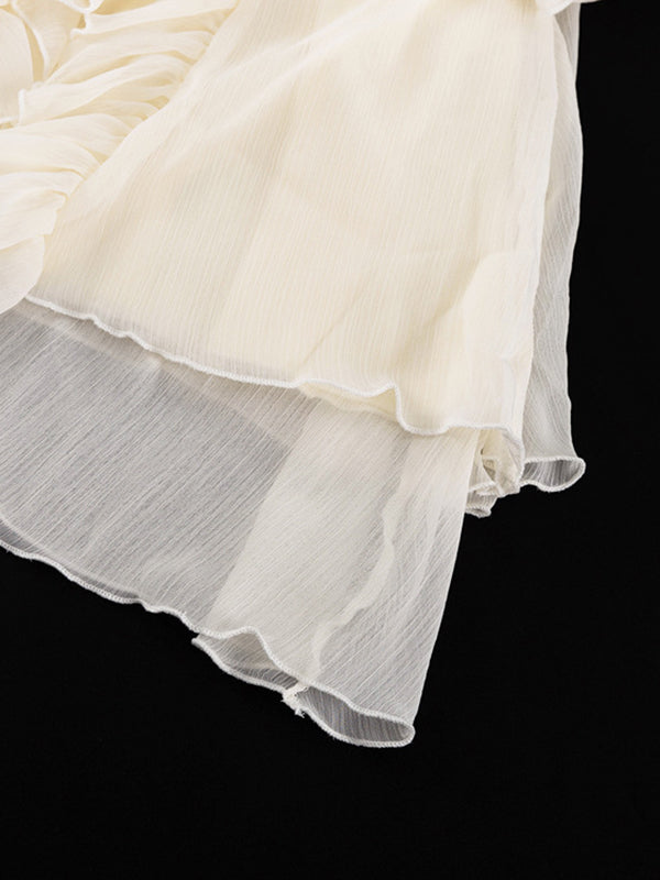 Ruffle Trim Solid Color Tied A-Line High Waisted V-Neck Mini Dresses