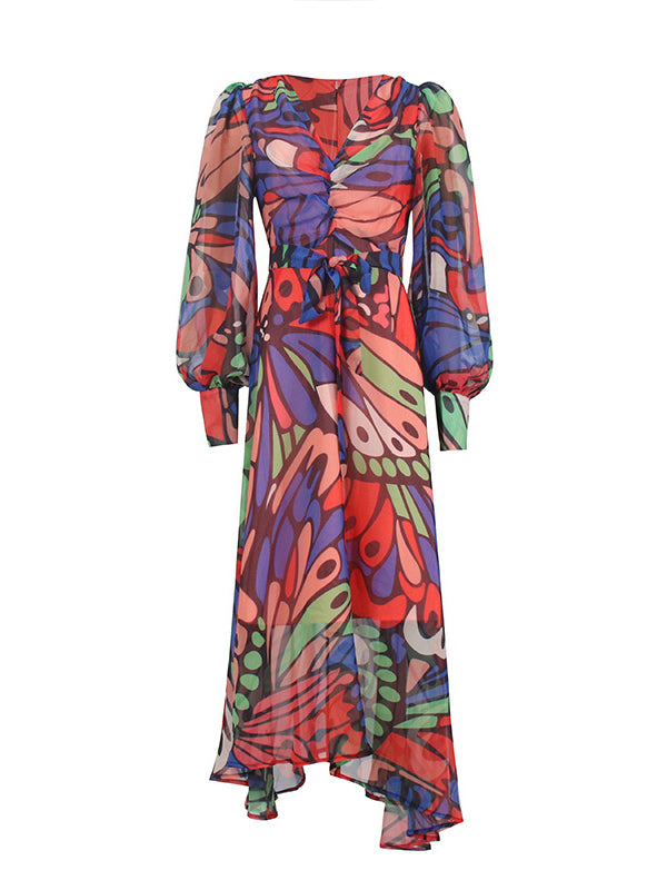 Buttoned Printed Split-Joint High Waisted Long Sleeves V-Neck Midi Dresses