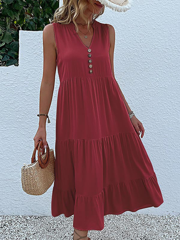 Pleated Split-Joint Loose Sleeveless V-Neck Midi Dresses