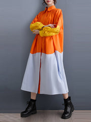 Contrast Color Pleated Split-Joint Loose Puff Sleeves Lapel Shirt Dress Midi Dresses