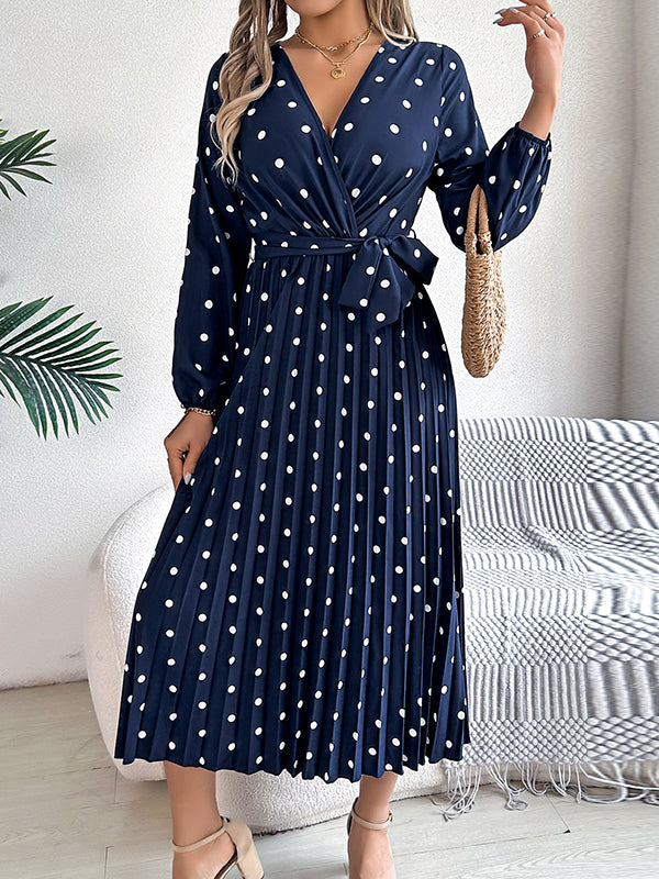 Elasticity Pleated Polka-Dot Split-Joint Tied Waist A-Line High Waisted V-Neck Shirt Dress Midi Dresses