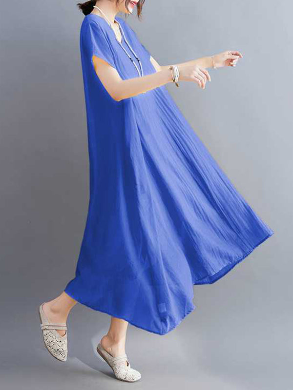 Solid Color A-Line Loose V-Neck Midi Dresses