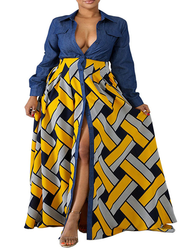 Buttoned Elasticity Printed Split-Joint Long Sleeves Loose Lapel Maxi Dresses