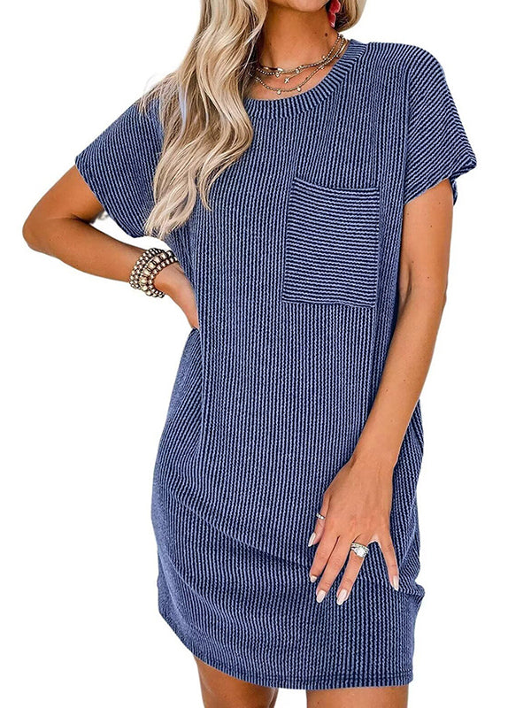 Contrast Color Pockets Split-Joint Striped A-Line Loose Round-Neck Mini Dresses