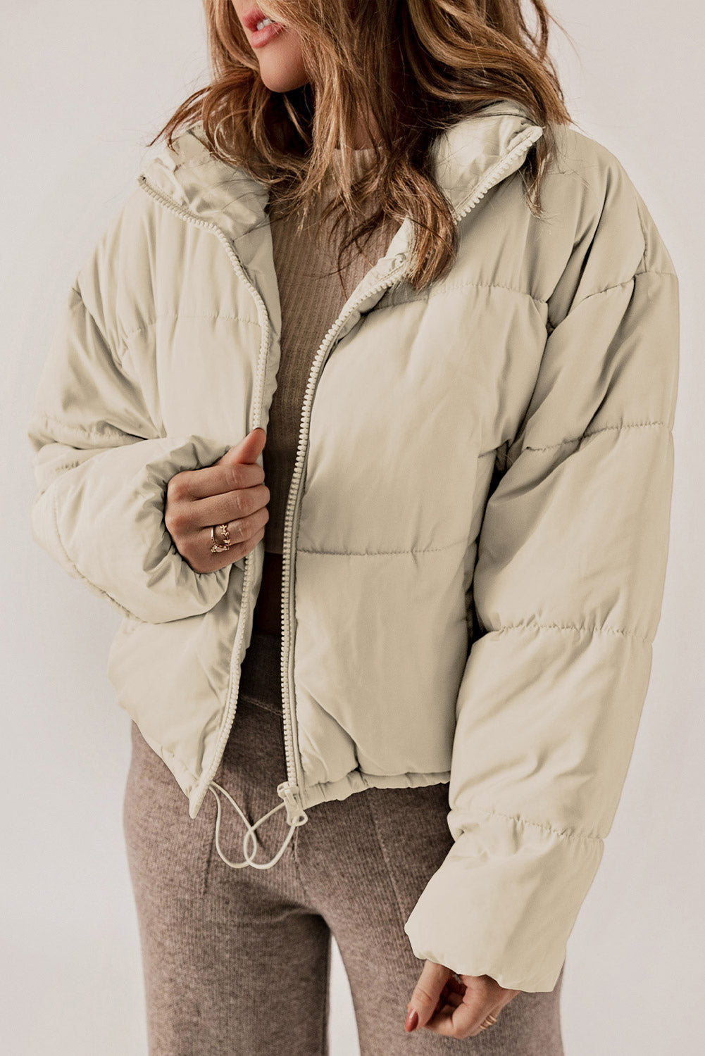 Zip Up Drawstring  Puffer Coat