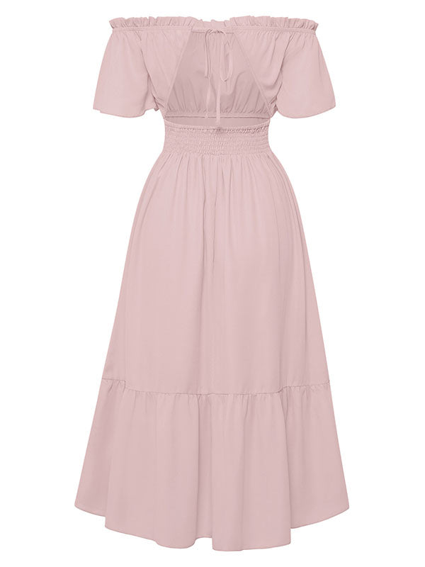Vacation Short Sleeves A-Line Solid Color One-Shoulder Midi Dress