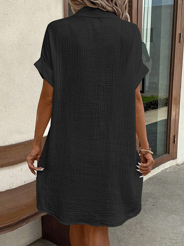 Buttoned Pockets Loose Short Sleeves Lapel Mini Dresses