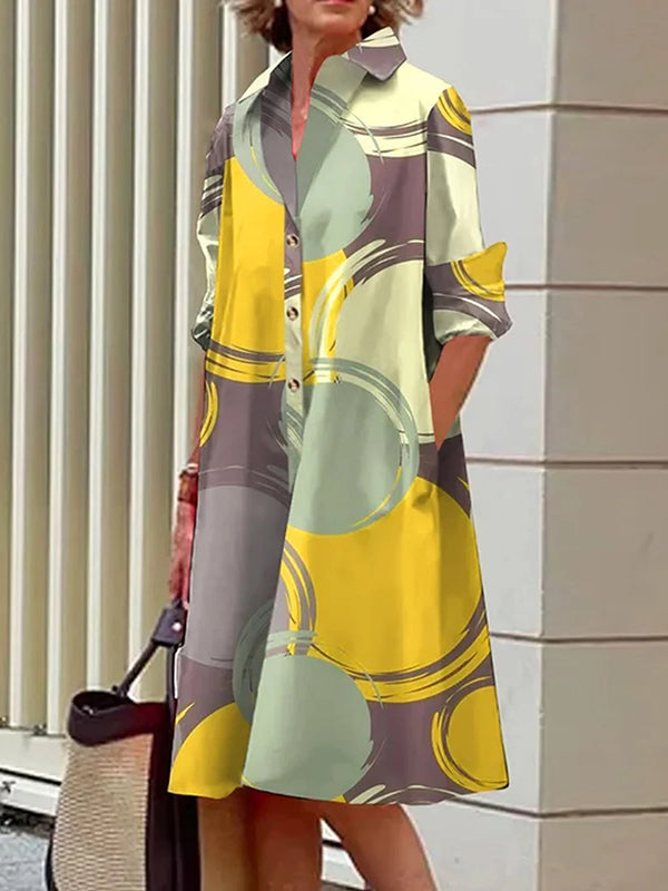 Buttoned Pockets Printed A-line Long Sleeves Lapel Midi Dresses