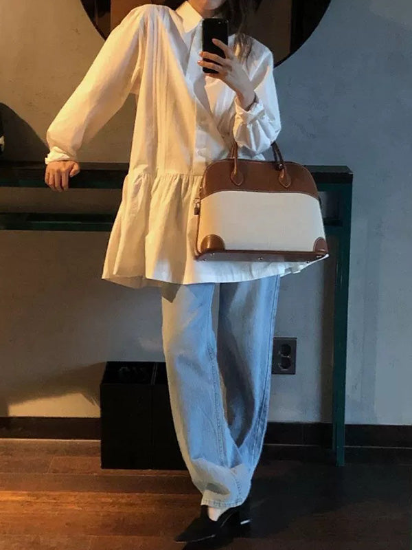 Buttoned Pleated Solid Color A-Line Long Sleeves Lapel Shirt Dress Mini Dresses