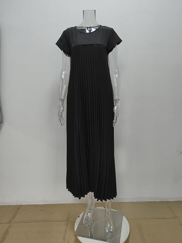 Pleated Pockets Solid Color Split-Joint A-Line High Waisted Round-Neck Maxi Dresses