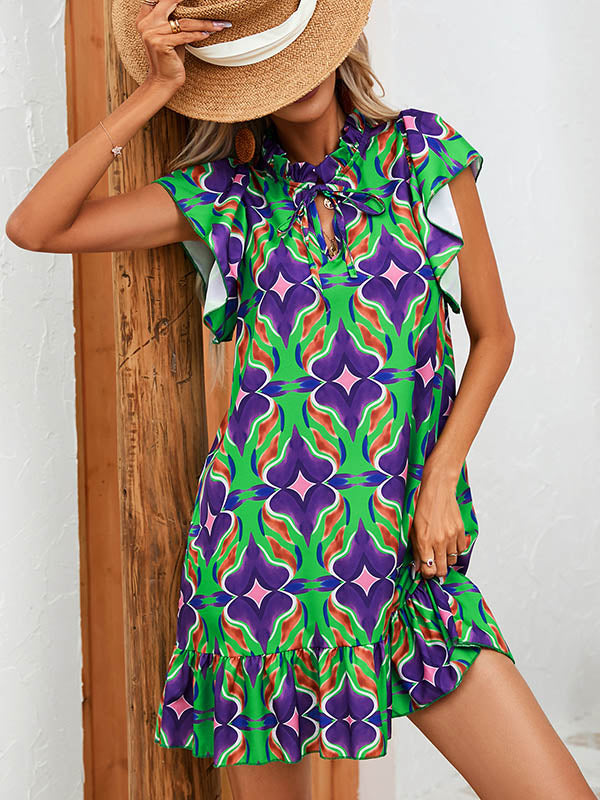 Hollow Pleated Printed Split-Joint Tied A-Line High Waisted Round-Neck Mini Dresses