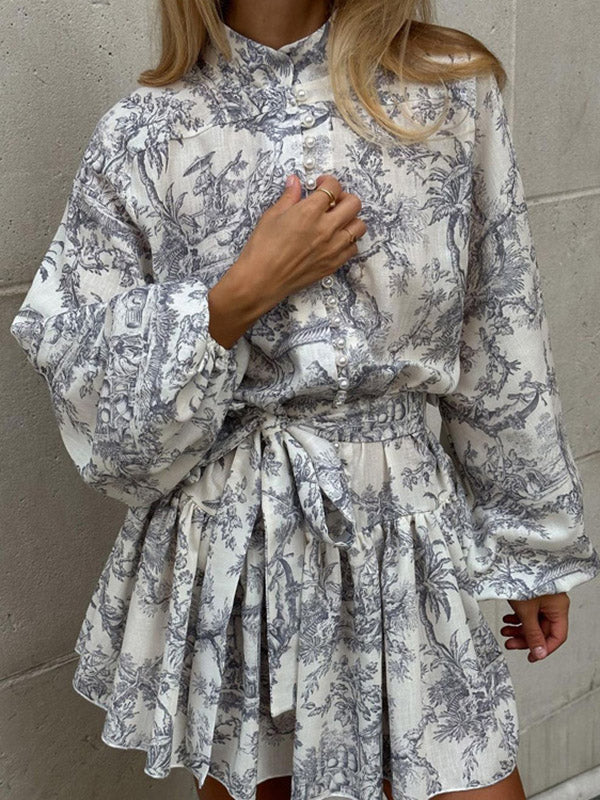 Pleated Printed Split-Joint Tied Waist Loose Puff Sleeves Stand Collar Mini Dresses