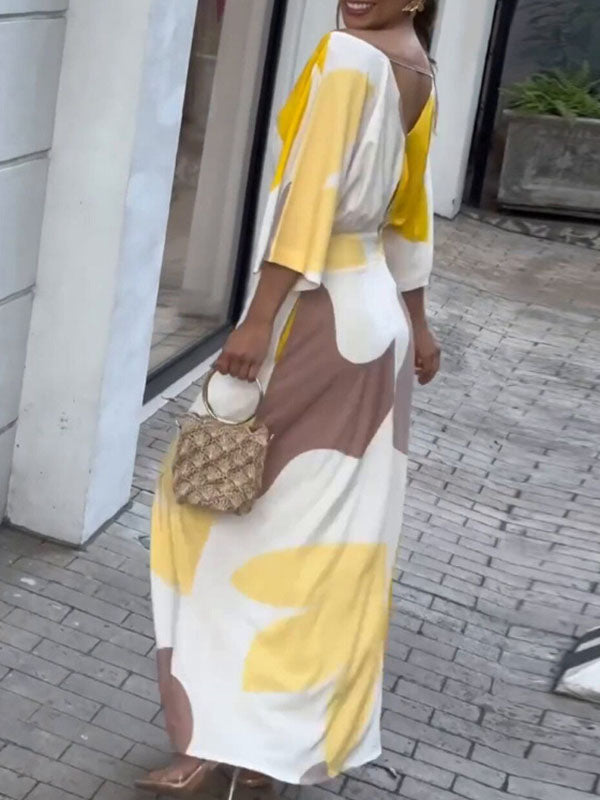 High-Waisted Printed Loose Raglan Sleeve Deep V-Neck Maxi Dresses