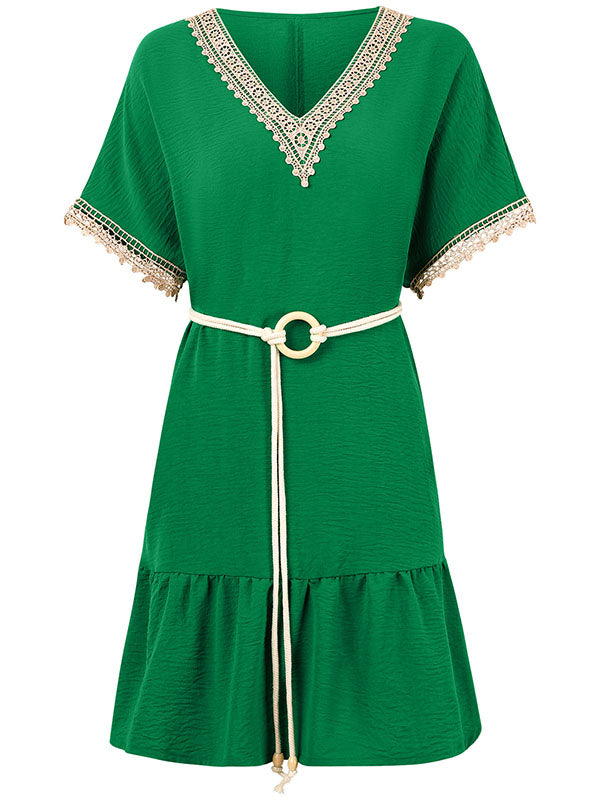Belted Split-Joint Short Sleeves V-neck Mini Dresses