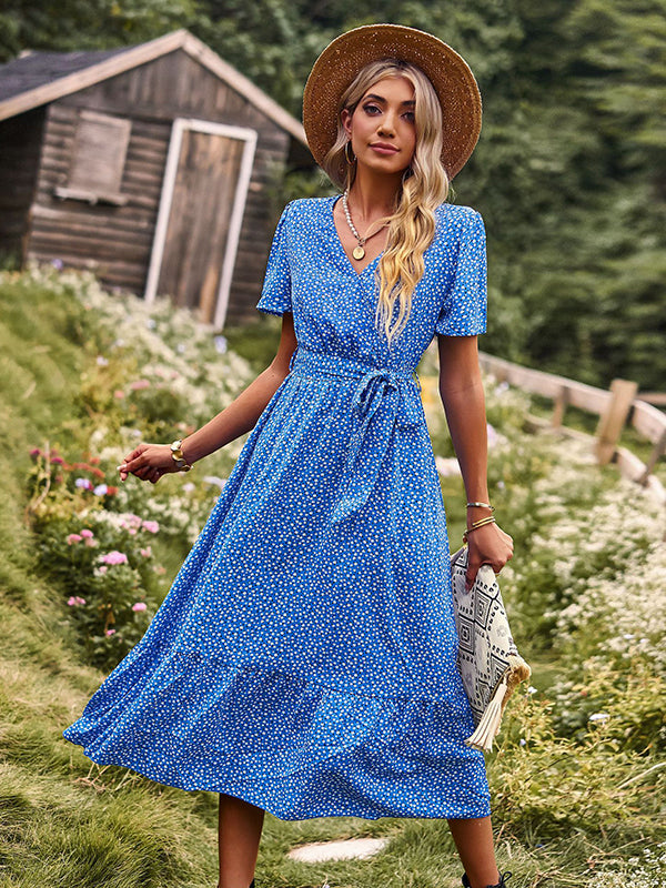 Bohemia A-Line Lace-Up Polka-Dot V-Neck Maxi Dress