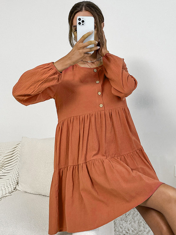 Bohemia Loose Buckle Round-Neck Dress