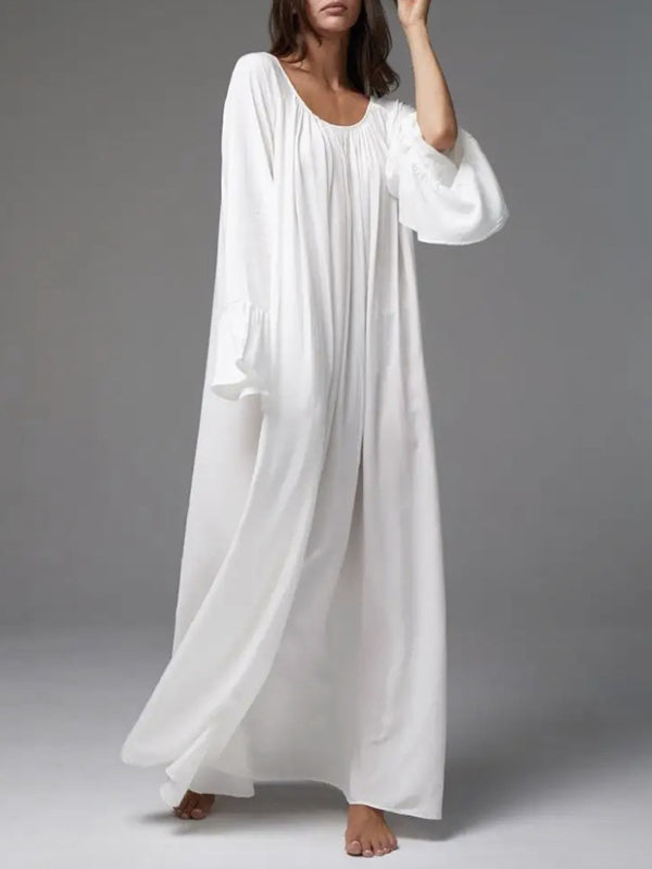 Pleated Solid Color Split-Joint Flared Sleeves Loose Round-Neck Maxi Dresses