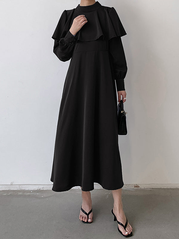 Ruffle Trim Solid Color Tied Waist A-Line Long Sleeves Mock Neck Midi Dresses