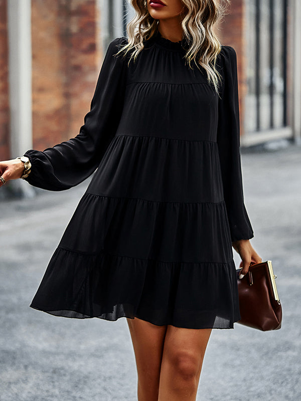 Elasticity Pleated Solid Color Split-Joint Tied A-Line Bishop Sleeve Mock Neck Mini Dresses