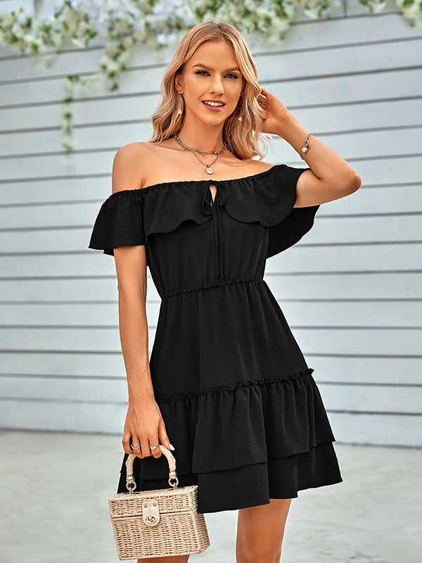 Vacation A-Line Loose Solid Color One-Shoulder Mini Dress