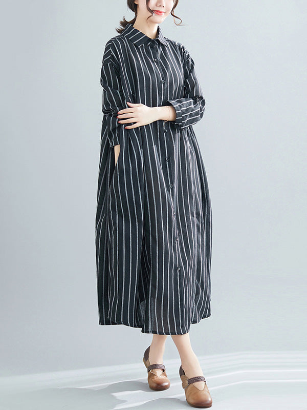 Simple Striped Buttoned Lapel Long Sleeves Shirt Dress