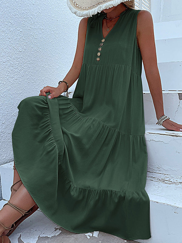 Pleated Split-Joint Loose Sleeveless V-Neck Midi Dresses