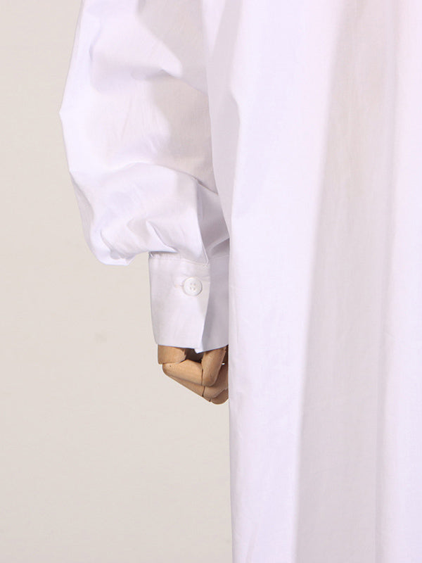 See-Through Solid Color Split-Joint Split-Side Long Sleeves Loose Lapel Shirt Dress Maxi Dresses