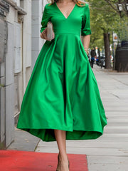 Pleated Pockets Solid Color Zipper A-line Long Sleeves V-neck Midi Dresses