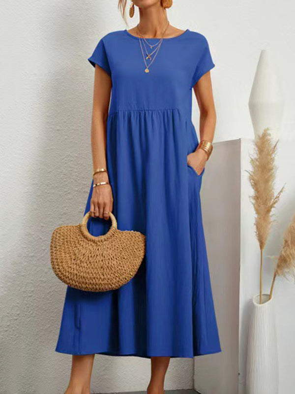 Pleated Solid Color Loose Short Sleeves Round-Neck Midi Dresses