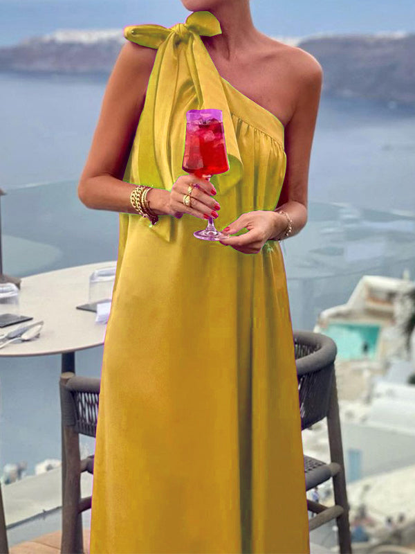 Asymmetric Pleated Solid Color Tied A-Line Loose One-Shoulder Maxi Dresses