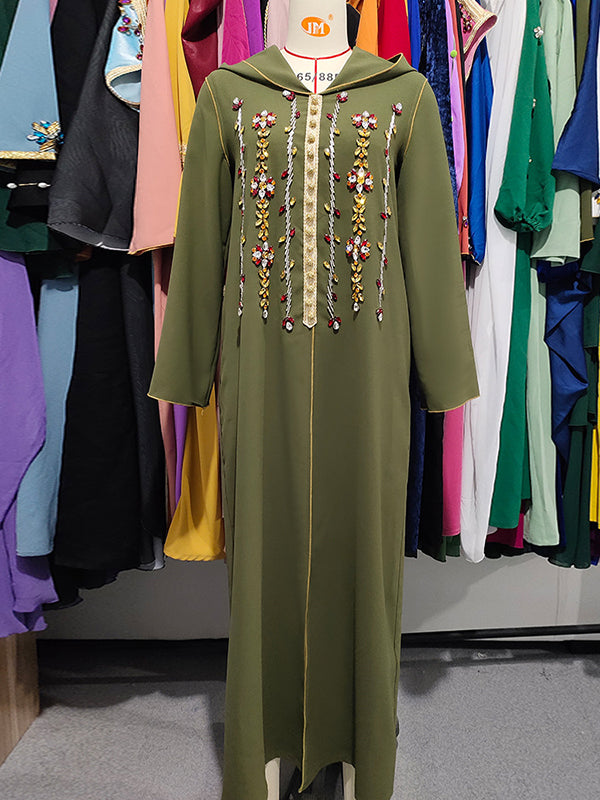 Casual Loose Long Sleeves Sequined Solid Color Hooded Dress