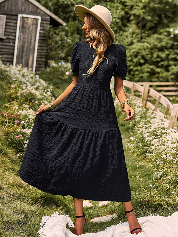 Bohemia Loose High Waisted Solid Color Round-Neck Maxi Dresses