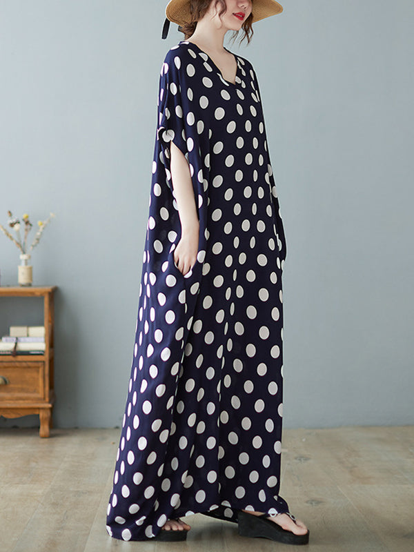 Urban Loose Batwing Sleeves Polka-Dot Printed A-Line Maxi Dress