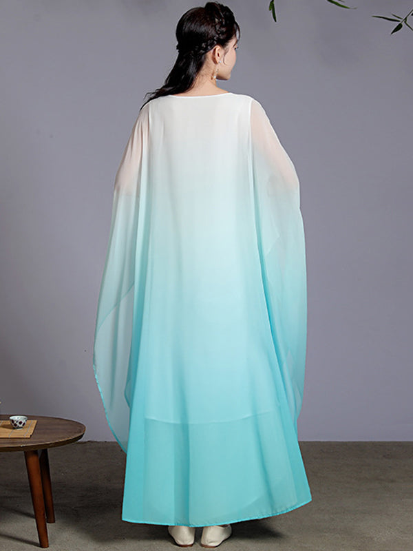 Artistic Retro Half Sleeves Loose Gradient Round-Neck Maxi Dresses