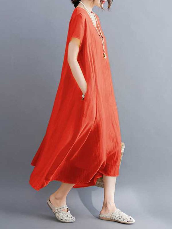 Solid Color A-Line Loose V-Neck Midi Dresses
