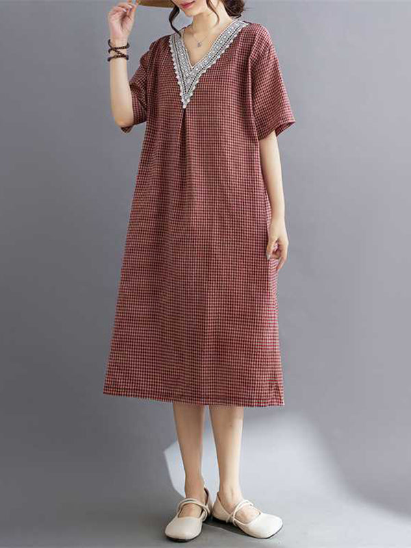 Plaid Pleated Split-Joint A-Line Half Sleeves V-Neck Midi Dresses