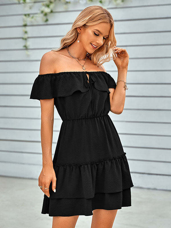 Vacation A-Line Loose Solid Color One-Shoulder Mini Dress