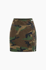 Camo Print Cap Sleeve Crop Shirt And Slit Mini Skirt Set