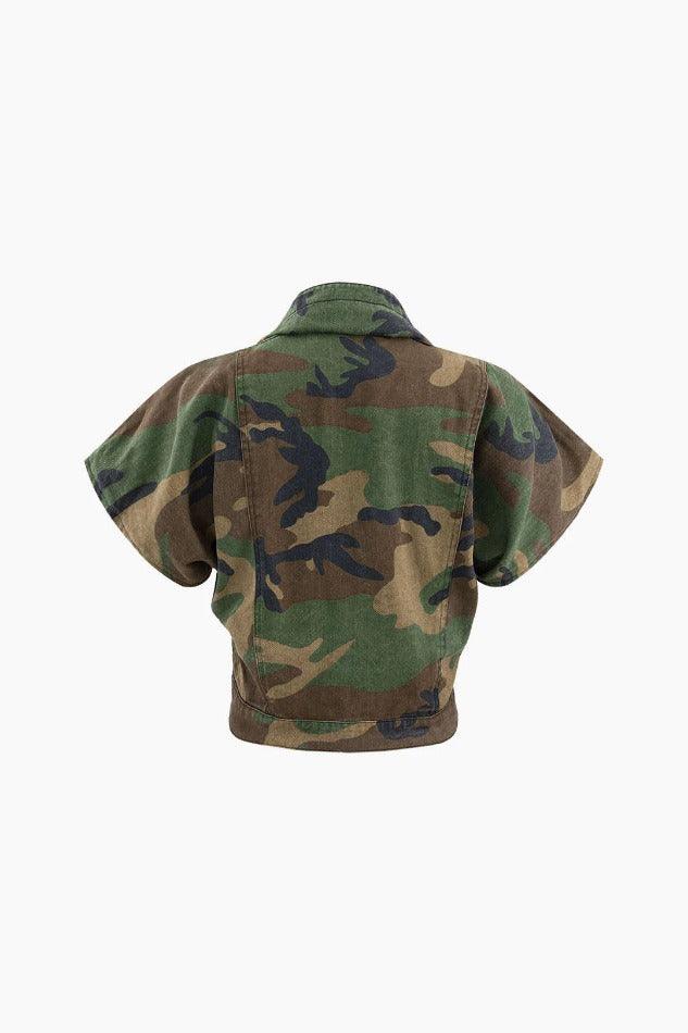Camo Print Cap Sleeve Crop Shirt And Slit Mini Skirt Set