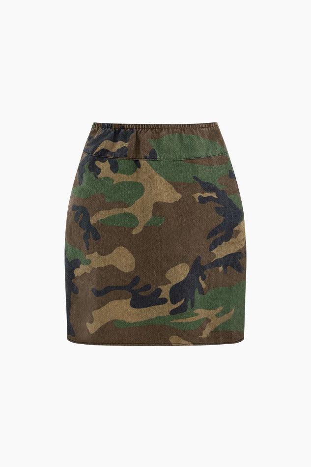 Camo Print Cap Sleeve Crop Shirt And Slit Mini Skirt Set