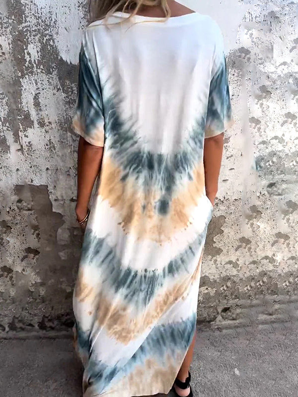 Contrast Color Pockets Tie-Dyed A-Line Loose V-Neck Maxi Dresses