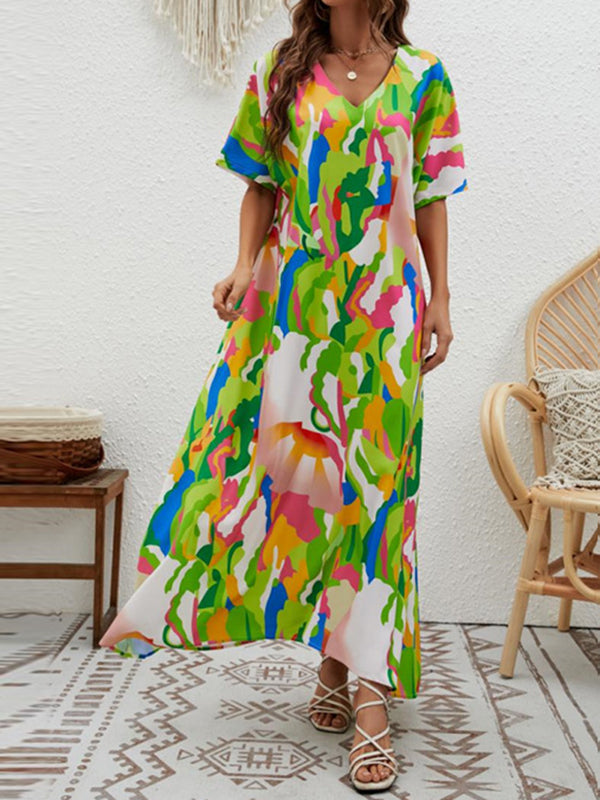 Contrast Color High-Waisted Printed Loose Short Sleeves V-neck Maxi Dresses