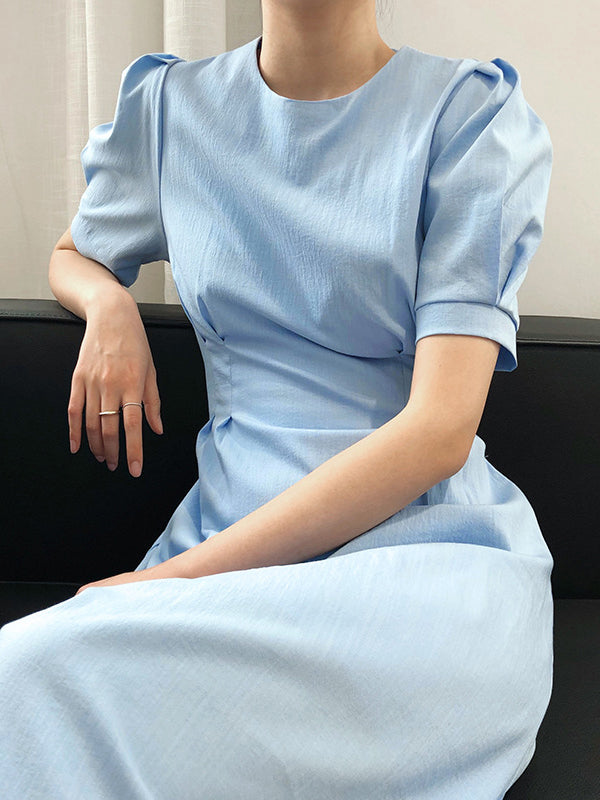 Original Creation Loose Short Sleeves Solid Color Round-Neck Midi Dresses