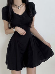 Black V Neck Folds  A-Line Dress