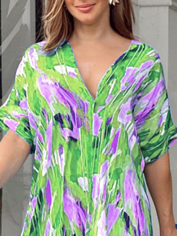 Multi-Colored Printed Loose Short Sleeves V-neck Maxi Dresses