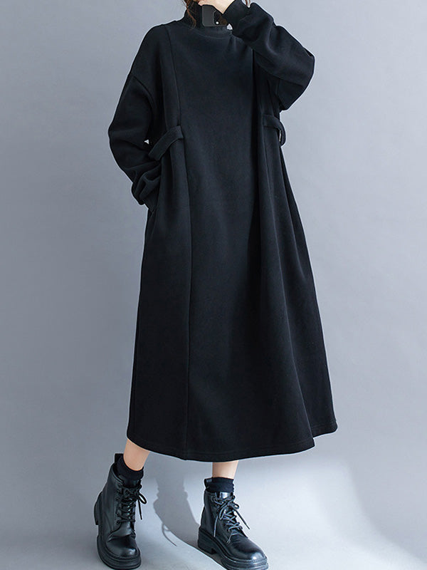 Solid Color A-Line Long Sleeves Mock Neck Midi Dresses