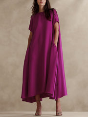 Pockets Solid Color Loose Short Sleeves Round-Neck Maxi Dresses